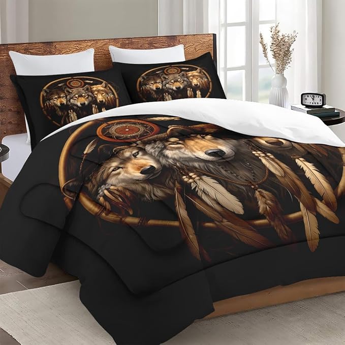 Queen Size Comforter Set with 2 Pillowcases, American Boho Feather Dreamcatcher 3 Pcs Bedding for Kids and Adults, Black Tribal Three Wolf Soft Comforter Set for Bedroom Bed Decor