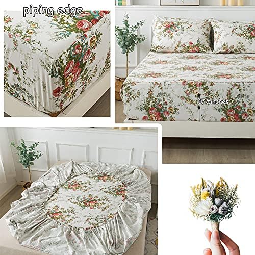 FADFAY Vintage Rose Floral Bed Sheet Set King Size Premium 100% Cotton Shabby Floral Chic Off White Farmhouse Bedding Deep Pocket Fitted Sheet 4-Pieces- 1Flat Sheet, 1 Fitted Sheet, 2 Pillowcases
