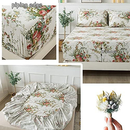 FADFAY Vintage Rose Floral Bed Sheet Set King Size Premium 100% Cotton Shabby Floral Chic Off White Farmhouse Bedding Deep Pocket Fitted Sheet 4-Pieces- 1Flat Sheet, 1 Fitted Sheet, 2 Pillowcases