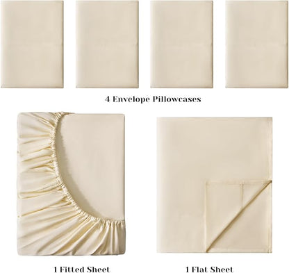 BYSURE 6 Pieces Bed Sheets Set(Queen, Cream/Beige) - Hotel Luxury Super Soft 1800 Thread Count 100% Microfiber Sheets with Deep Pockets, Wrinkle & Fade Resistant