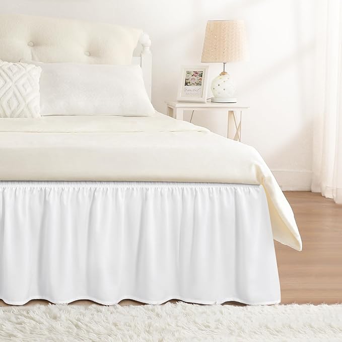 RIMELA Bed Skirt Queen Size Bright White 15 Inch Drop, Wrap Around Elastic Bedskirt, Dust Ruffle for Adjustable Bed Base Soft Durable Fabric Machine Washable Easy to Install Bed Skirts