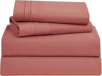 Clara Clark Bed Sheets, Premier 1800 Series Bed Sheet Set, Deep Pocket, Wrinkle, Fade, Stain Resistant, Luxury Soft Bedding Sheets & Pillowcases, California King, Pink Clay