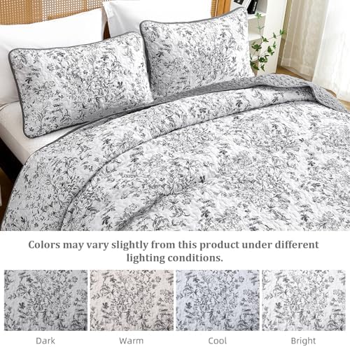 WONGS BEDDING Botanical Quilt King Size, 3 Pieces Bedspread Set, Grey
