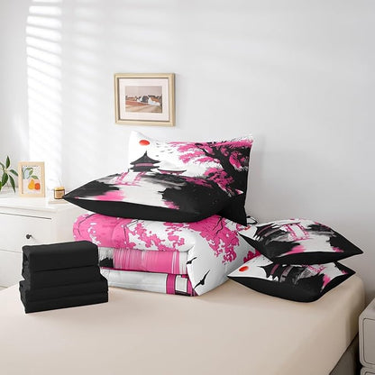 Erosebridal Japanese King Comforter Set 7 Piece Sun Cherry Blossom Bedding Set for Teen Girls Women Watercolor Pink Black Mountain Sakura Floral Bed in A Bag Asian Chinese Ink Anime Sheet Set