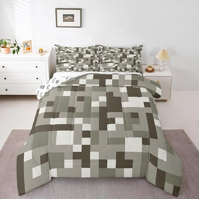 Miners Pixel Checked Kids Bedding Set Queen Size,Cartoon Gamepad Video Games Comforter Set，Geometric Grid Patchwork Quilt Comforter,Gray White Bedroom Duvet Insert,2 Pillowcases