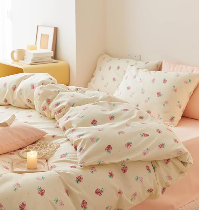 Nayoroom Strawberry Duvet Cover Set Twin Size Girls Cute Pink Strawberries Kawaii Comforter Cover 2 Pieces Soft Lightweight Microfiber Cream White Bedding with Zipper Closure