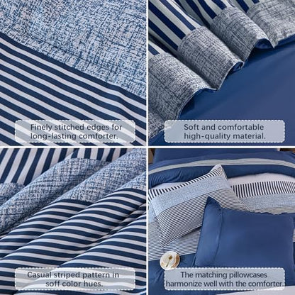 Cottolester Full Size Comforter Navy Blue Striped Comforters for Boys&Girls,7 Pieces Bed in A Bag Simple Neutral-Style Bedding Sets for Kids Teen