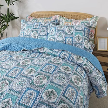 HoneiLife King Quilt Bedding Sets - 3 Piece Microfiber Quilt Set Rustic Bedspread Set Floral Coverlet Sets for King Bed