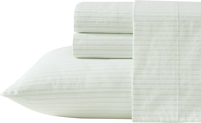 Laura Ashley - Twin Sheet Set, Crisp & Cool Cotton Percale Bed Sheets, Deep Pockets, Striped Bedding with Matching Fitted Sheet & Pillowcase (Bedford Skinny Stripe Green)