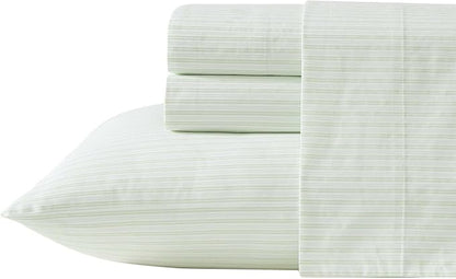 Laura Ashley - Twin Sheet Set, Crisp & Cool Cotton Percale Bed Sheets, Deep Pockets, Striped Bedding with Matching Fitted Sheet & Pillowcase (Bedford Skinny Stripe Green)