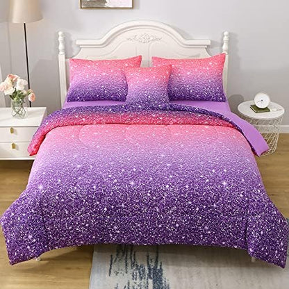 JQinHome Full Size Pink Purple Comforter Set, 6 Piece Bed in A Bag 3D Colorful Bedding Set for Girls Women(1 Comforter,2 Pillowcases,1 Flat Sheet,1 Fitted Sheet,1 Cushion Cover)