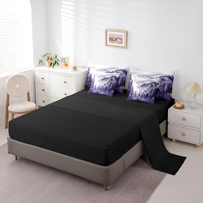 Erosebridal Purple Misty Forest Full Bed in A Bag 7 Piece Mountain Foggy Woodland Comforter Set with Sheets Rustic Pine Tree Bedding Sets for Kids Adults,Watercolor Nature Theme Bed Set