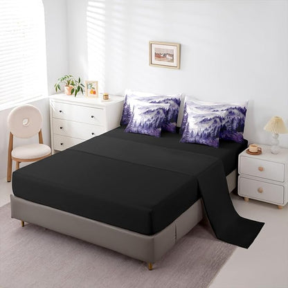 Erosebridal Purple Misty Forest Full Bed in A Bag 7 Piece Mountain Foggy Woodland Comforter Set with Sheets Rustic Pine Tree Bedding Sets for Kids Adults,Watercolor Nature Theme Bed Set