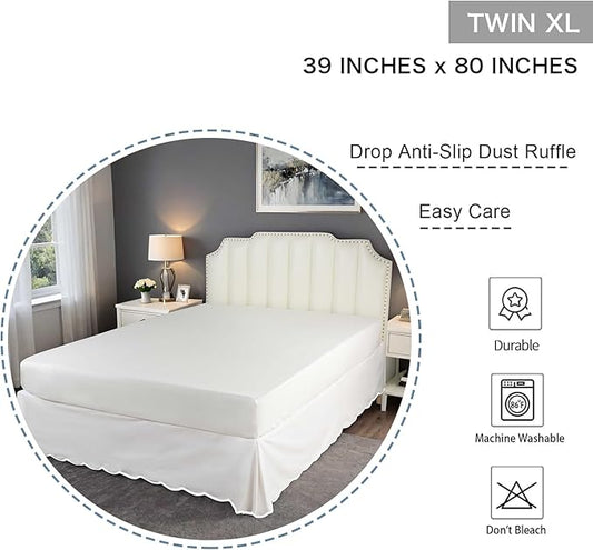HIG Off-White Chic Twin XL Bed Skirt - Easy Fit Scallop Edge Pleated Bedskirts, 14 Inch Drop Anti-Slip Dust Ruffle, Thick Fabric for Enhanced Privacy, Pre-Washed for Long-Lasting Use(N60022)