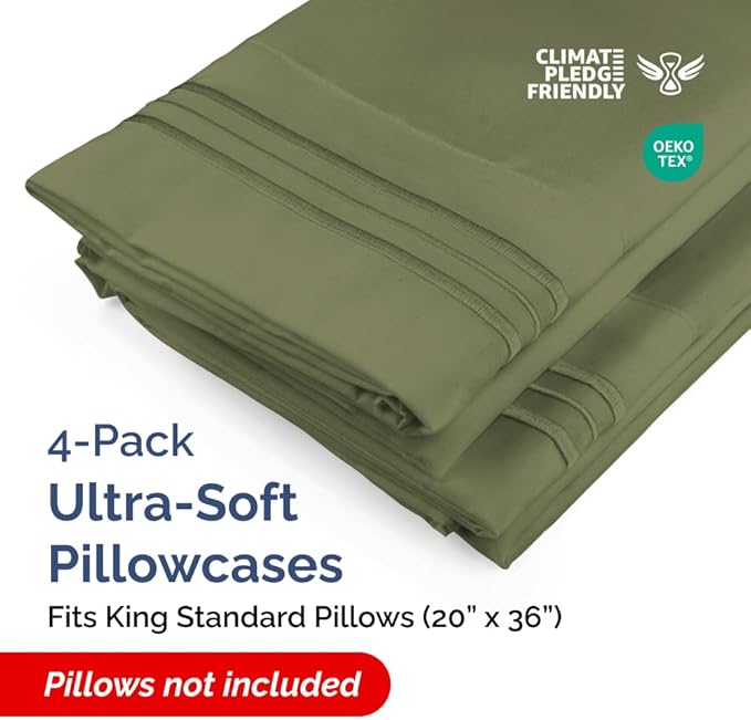 King Standard Pillow Cases Set of 4 - Soft Hotel Quality Pillowcase Covers - Comfy Bedding for Women, Men, Kids & Teens - Machine Washable Pillow Protectors - 4 Piece Set - King Standard Sage Green
