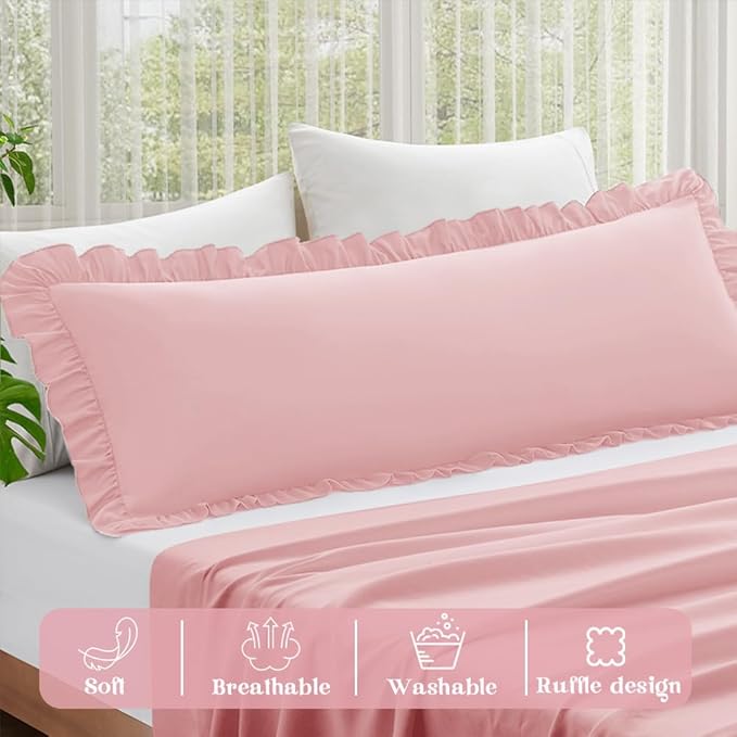 KKJIAF Ruffle Body Pillow Cases Set of 1, Ruffled Pillow Covers with Envelope Closure, Body Pillowcases Size of 20" x 54", Ruffled Long Pillow Shams, Light Pink
