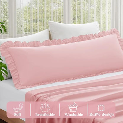 KKJIAF Ruffle Body Pillow Cases Set of 1, Ruffled Pillow Covers with Envelope Closure, Body Pillowcases Size of 20" x 54", Ruffled Long Pillow Shams, Light Pink