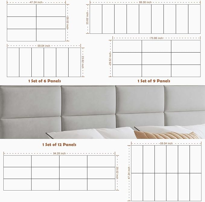 IFNOW Wall Mounted Headboard, Peel and Stick Panels, Light Grey, Queen | Upholstered 3D Soundproof Acoustic Panels Reusable and Removable Padded Leather Bed Headboard, 9 Panels 9.84" x 23.62"
