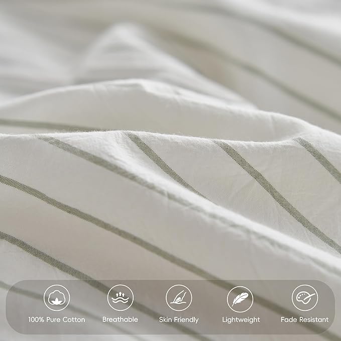 MooMee Bedding Pillowcases Striped Pack of 2 100% Washed Cotton Linen Like Textured Breathable Durable Soft Comfy (White Sage Green Wide Stripes, King)
