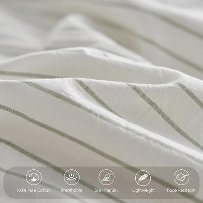 MooMee Bedding Pillowcases Striped Pack of 2 100% Washed Cotton Linen Like Textured Breathable Durable Soft Comfy (White Sage Green Wide Stripes, King)