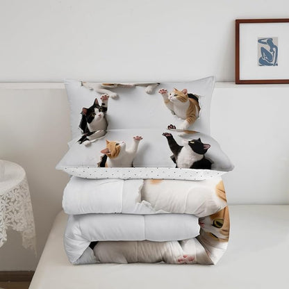 Erosebridal Kawaii Cats Bedding Set Toddler Size 3D Kitten Comforter Set for Kids Boys Girls Paw Cute Pet Animal White Yellow Black Comforter Warm Soft Quilt Insert