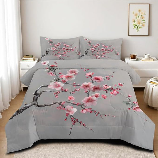 Cherry Blossom Comforter Set Queen Japanese Style Gray and Pink Floral Bedding Set Japan Bedroom Deccor Bedding Aesthetic Flower Branch Pattern, Ultra Soft Lightweight Comforter Sets