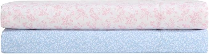 Laura Ashley - Queen Sheet Set, Crisp & Cool Cotton Percale Bedding with Deep Pockets, Lightweight for Year Round Comfort, Bed Sheets with Matching Pillowcases (Maeve Blue)