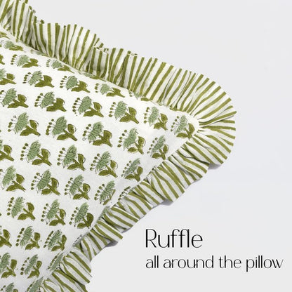 CPC Block Print Emerald Green Ruffle Cotton Lumbar Pillow Cover 12x20 inch