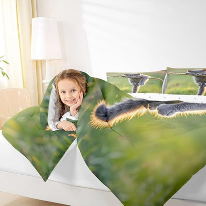 Erosebridal Kawaii Kitten Comforter Set King Size Hemp Rope Bedding Set for Kids Girls Boys Grass Natural Sunshine Yellow Green Comforter Warm Soft Quilt Insert