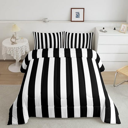 Erosebridal Black and White Striped Twin Comforter Set (Pink Reversible) | Striped Bedding Set Pink and Black Comforter Sets for Kids Teens Adults Cute Pinstripe Girls Bed Quilt Sets