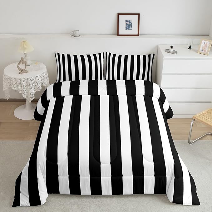Erosebridal Black and White Striped Toddler Comforter Set (Pink Reversible) | Striped Bedding Set Pink and Black Comforter Sets for Kids Teens Adults Cute Pinstripe Girls Bed Quilt Sets