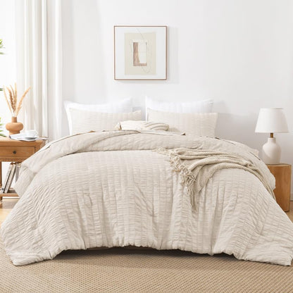 AveLom Seersucker Oversized King Comforter Set Beige (120x98 in), 3 Pieces 100% Soft Washed Microfiber Lightweight Comforter with 2 Pillowcases, All Season Down Alternative Comforter Set for King Bed