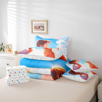 Erosebridal Japanese Anime Kids Bed in A Bag Cute Cartoon Girl Bedding Set Black Cat Animal King Comforter Set 7 Piece Romantic Aesthetic Girly Sheet Set with Comforter
