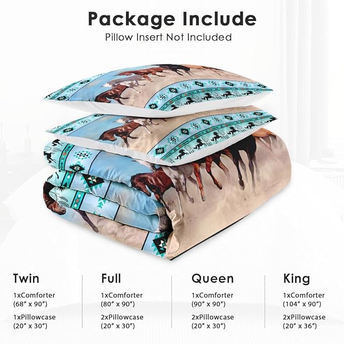 King Size Comforter Set with 2 Pillowcases, Horses Desert Animal 3 Pcs Bedding for Kids and Adults, Tribal Farm Sunset Run Soft Comforter Set for Bedroom Bed Decor