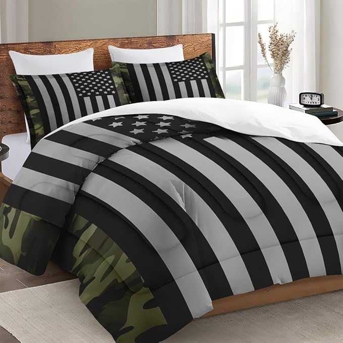Full Size Comforter Set with 2 Pillowcases, Black Military Camouflage American Flag Soft 3 Pcs Bedding for Kids and Adults Bedroom Bed Decor