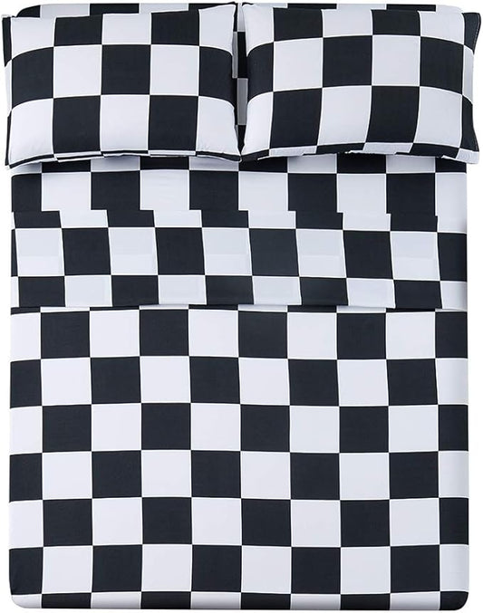 Best Season Bed Sheet Set 3 Pieces -Twin Size-Soft Durable Microfiber Bedding Sheet Set,Deep Pocket,Stain,Fade & Wrinkle Resistant (Plaid Black&White)
