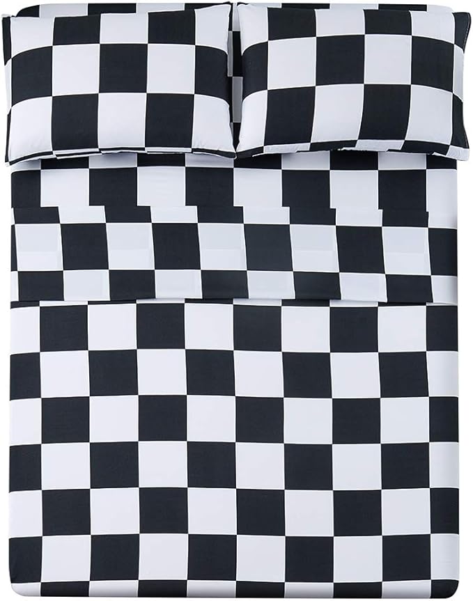 Best Season Bed Sheet Set 4 Piece -Twin XL Size-Soft Durable Microfiber Bedding Sheet Set,Deep Pocket,Stain,Fade & Wrinkle Resistant (Plaid Black&White)