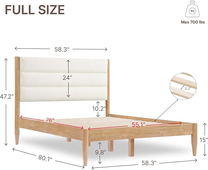 KISLOT Wood Bed Frame with Upholstered Headboard, Cream, Full | Wooden Platform, Silent Slat Support, Mattress Foundation, No Box Spring Needed, Easy Assembly