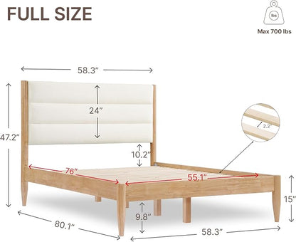 KISLOT Wood Bed Frame with Upholstered Headboard, Cream, Full | Wooden Platform, Silent Slat Support, Mattress Foundation, No Box Spring Needed, Easy Assembly