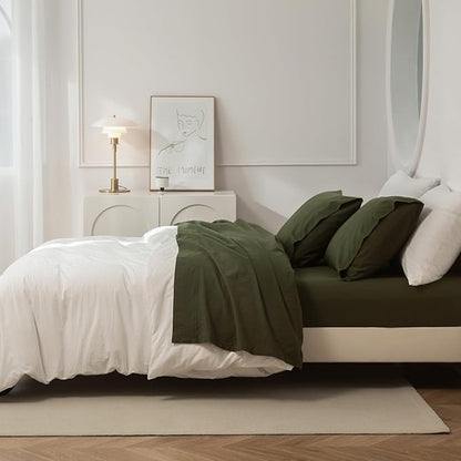 JIYUAN King Size Sheet Set, 4-Piece - 100% Washed Cotton, Linen-Like Soft & Breathable, Includes Deep Pocket Fitted & Flat Sheet with 2 Pillowcases, Hotel Quality, Solid Olive Green