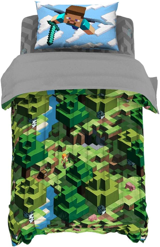 Jay Franco Minecraft Daytime 5 Piece Twin Bed Set - Includes Comforter & Sheet Set - Bedding Features Alex and Steve - Super Soft Fade Resistant Microfiber - (Official Minecraft Product)