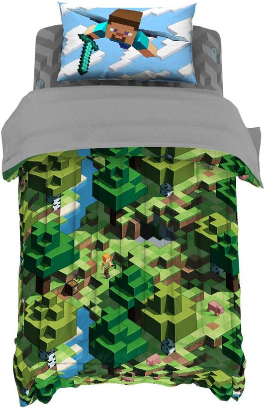 Jay Franco Minecraft Daytime 5 Piece Twin Bed Set - Includes Comforter & Sheet Set - Bedding Features Alex and Steve - Super Soft Fade Resistant Microfiber - (Official Minecraft Product)