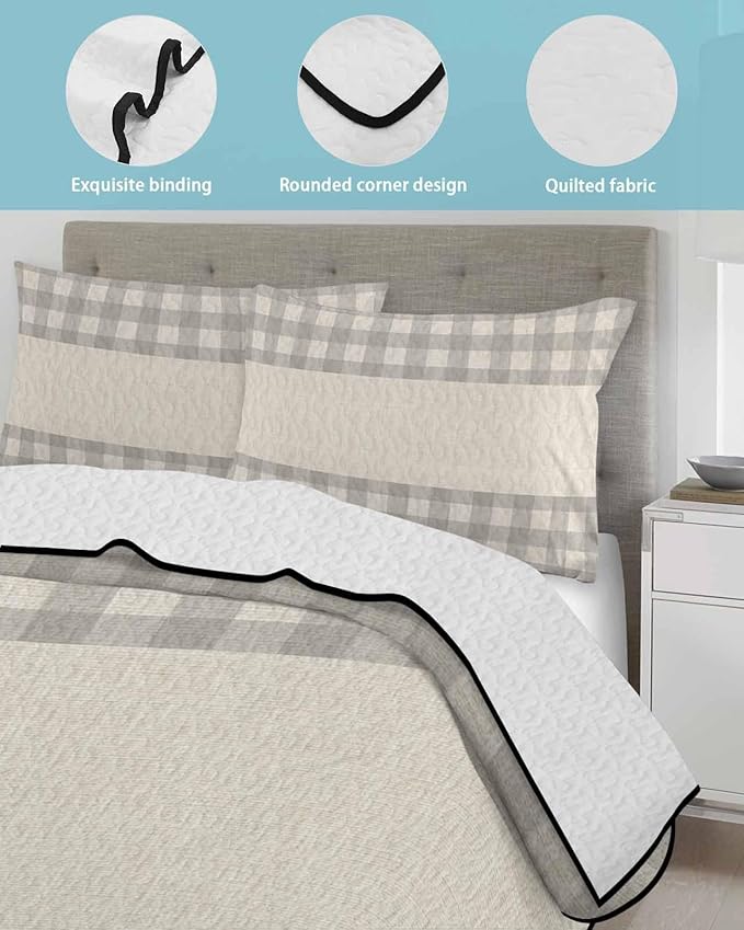 Quilts Twin Size, Retro Grey Soft Comforter Bedding Set for Bed, Farmhouse Buffalo Plaid Vintage Beige Lightweight Quilted Bedspread with Pillow Cover(2 Pieces) for All Season, 68x86 Inch