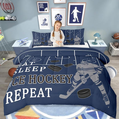 Ice Hockey Comforter/Duvet Set,Puck Ball Hockey Player Ultra Soft Bed Collection,Winter Extreme Sports Navy Blue Kids Bedding for Room Decor 3 Pcs,Microfiber Breathable,King