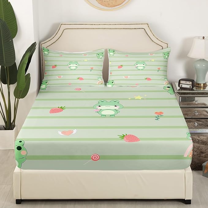 Cute Frog Bed Sheet Set 4 Piece,Pink Strawberry Sweet Fruits Sheets Full Size Sheets Set,Light Green Frogs Stripes Soft Microfiber Bedding Set with Flat,Fitted Sheet,2 Pillow Cases