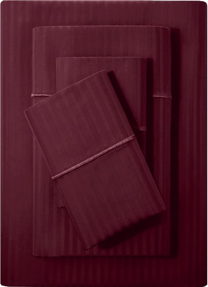 Feather & Stitch 500 TC Full Size Damask Bed Sheet Set, 100% Cotton Soft Breathable Bedsheets, 4 Piece 18" Deep Pockets Sateen Weave Striped Bedding Mattress Resort Hotel Luxury- (Burgundy Stripe)