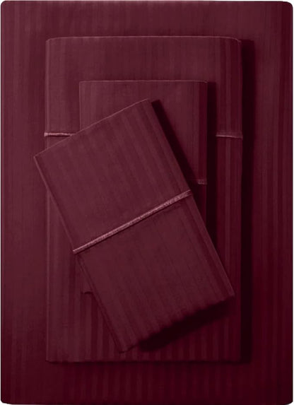 Feather & Stitch 500 TC Full Size Damask Bed Sheet Set, 100% Cotton Soft Breathable Bedsheets, 4 Piece 18" Deep Pockets Sateen Weave Striped Bedding Mattress Resort Hotel Luxury- (Burgundy Stripe)