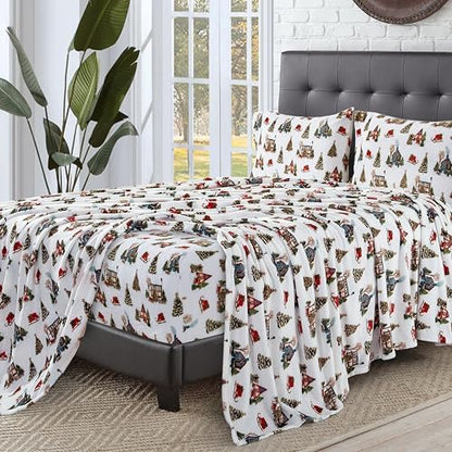 Elegant Comfort Luxuriously Soft 4-Piece Holiday Velvet Plush Flannel Sheet Set - Premium Quality - Cozy Warm, Christmas Fuzzy Velvet Flannel Fleece Deep Pocket Sheet Set - Queen, Bungalow