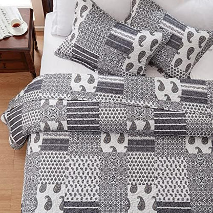 LEAONME Quilt Set Full/Queen Size 3 Piece Bedspread Coverlet Lightweight Comforter Microfiber Bedding Set for All Season Oversized 90x98 Inch Bed Cover Floral Paisley Gray(1 Quilt,2 Pillow Shams)
