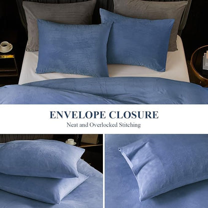 Ivellow Velvet Duvet Cover Queen Set Blue Comforter Cover 3Pcs Ultra Soft Cover Breathable Solid Luxury Flannel Velour Duvet Cover Zipper Closure Corner Tie